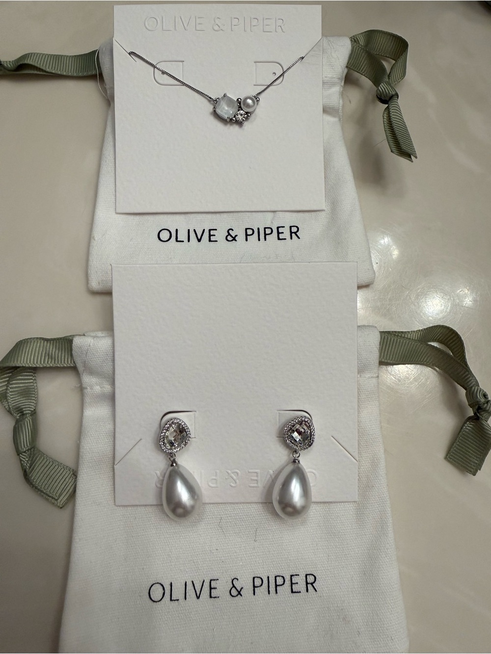 Olive & Piper White Pearl Drop Necklace and Earrings Set